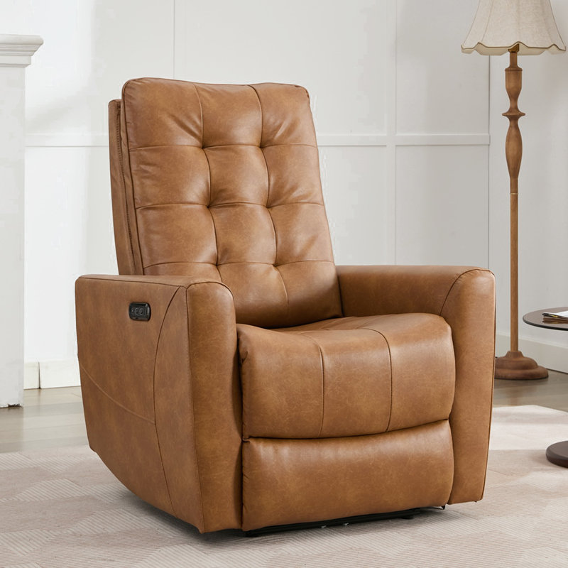 Faux Leather Power Recliner Chair with USB Port Charger Latitude Run Upholstery Color Camel